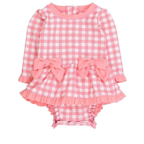 RuffleButts UPF50+ Baby Girls Long Sleeve One Piece Bow Peplum Rash Guard Swimsuit - Bubblegum Pink Gingham, Newborn
