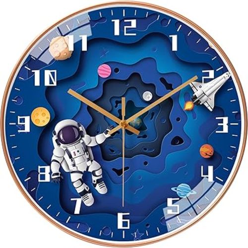 YHan 12 Inch Silent Wall Clock for Kids – Non-Ticking Space-Themed Clock with Large Numbers – Battery Operated, Easy to Read, Perfect for Bedroom, School, Boys Room (Blue & Gold)