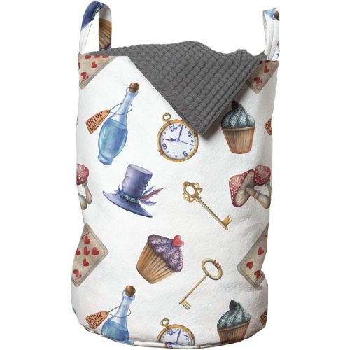 Lunarable Alice in Wonderland Laundry Bag, Cupcakes Mushrooms and Bottles Hanging in Sky Dessert Print, Hamper Basket with Handles Drawstring Closure for Laundromats, 13" x 19", White Blue Red