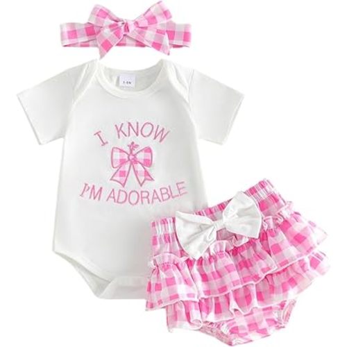 Baby Girl 3Pcs Outfit Set I Know I'm Adorable Pink Gingham Bodysuit Ruffle Shorts & Headband, Cute Summer Clothes