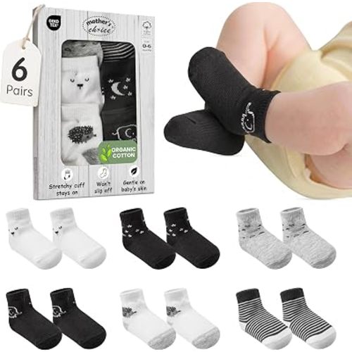 Mother's Choice Baby Socks 0-6 Months 6 Pairs Black Organic Cotton Blend Newborn Socks for Boys Stay-On Stretch Infant Socks OEKO-TEX Certified Baby Gift