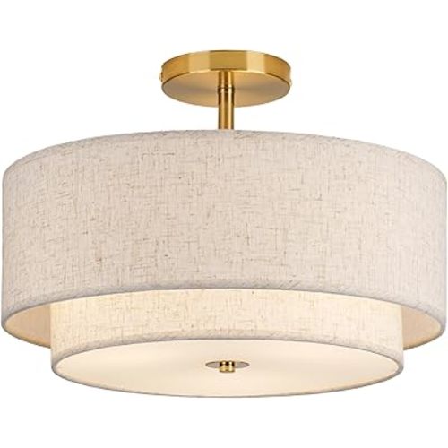 16" Double Drum Gold 3-Light Semi Flush Mount Ceiling Light, Classic Fabric Linen Shade Design for Living Room, Bedroom, Kitchen, Dining Room, Hallway and Entryway