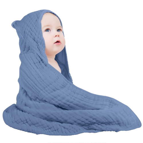 Yoofoss Hooded Baby Towels for Newborn Muslin Cotton Baby Bath Towel with Hood for Babies, Infant, Toddler and Kids, Large 32x32Inch, Soft and Absorbent Newborn Essential,Dark Blue