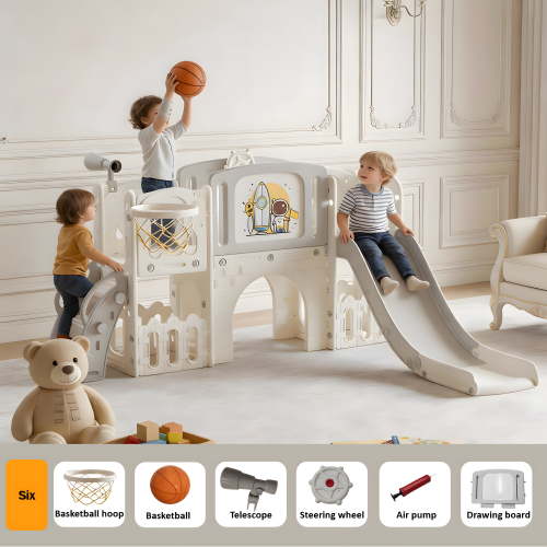 5-in-1 Toddler Slide Set with Basketball Hoop & Drawing Board, Indoor Outdoor Slide for Toddlers,GREY WHITE