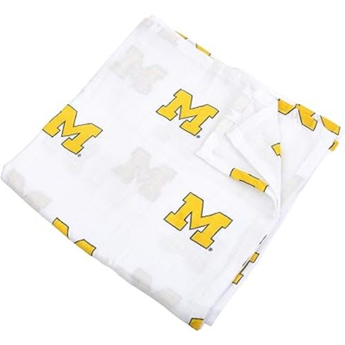 Three Little Anchors University of Michigan Muslin Swaddle Blanket – Officially Licensed Wolverines Baby Blanket, Cotton, Large 47x47 Inch Newborn Swaddle, UM