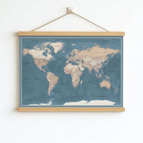 Large World Map Canvas - Personalized Travel Map Poster + Wooden Hangers - Classic Pull Down Globe.