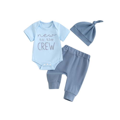 Qtinghua Newborn Baby Boy Girl Clothes New To The Crew Printed Romper Pants Set with Hat Coming Home Hospital Outfits