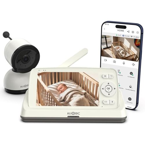 ALIOBC Smart Baby Monitor with Camera and Audio WiFi & No-WiFi Modes AI Cry Detection Night Vision 1080p FHD Camera and 5" Large Screen Two-Way Talk 1000ft Range Smart Alert Easy Setup for New Parents
