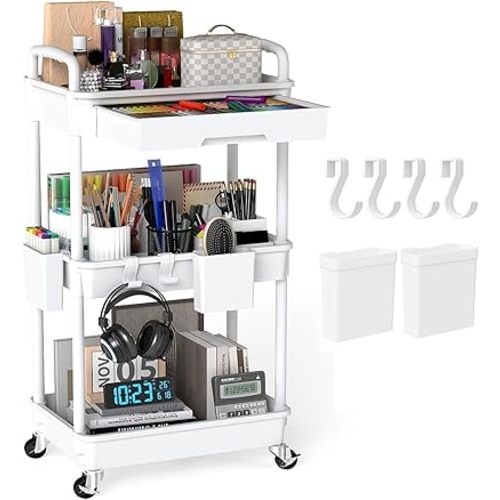 3 Tier Rolling Utility Cart with Drawer, Plastic Storage Organizer Rolling Carts with Wheels Handles Hanging Cups Hooks for Office, Bathroom, Kitchen,Craft Art Room (White)