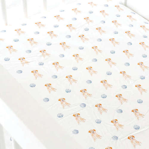 The Goldie In Blue Print Crib Sheet, Blue & Orange - Fort Weekend | Maisonette
