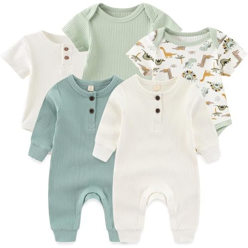 Baby Bodysuit Ribbed Romper 5-pcs Soft Unisex Boy Girl Outfit Clothes Set 0-12 momth