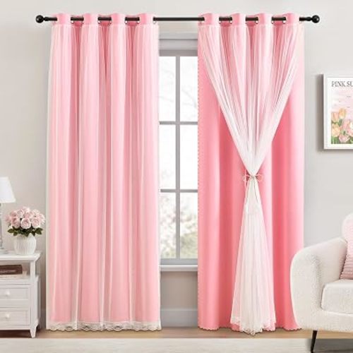XiDi Full Blackout Pink Curtains with Sheer Overlay Double Layer Curtains for Nursery Girls Bedroom 84 Inches Long 2 Panels Kids Toddler Princess Room Decor Grommet Privacy Window Drapes W34 X L84