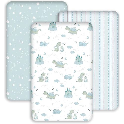 Baby Bassinet Sheets 33x20 for Baby Delight, Newton,Airclub,Maxi Cosi,Angelbliss,Dream on Me,Mika,Harppa,Amke,ezebaby Rectangle Bassinet Mattress - Blue Dinosaur 3 Pack Boy