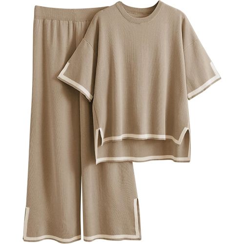 Tanming Sweater Sets Women 2 Piece Lounge Sets Short Sleeve Knit Pullover Tops Wide Leg Pants (Brown-M)