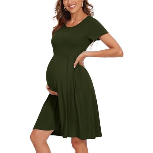 WOOXIO Women's Short Sleeve Maternity Dress Patchwork Pregnancy Clothes with Pockets