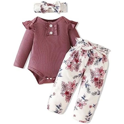 Kislio Newborn Baby Girls Clothes Ribbed Ruffled Romper+Floral Pants+Headband Infant Outfit Set