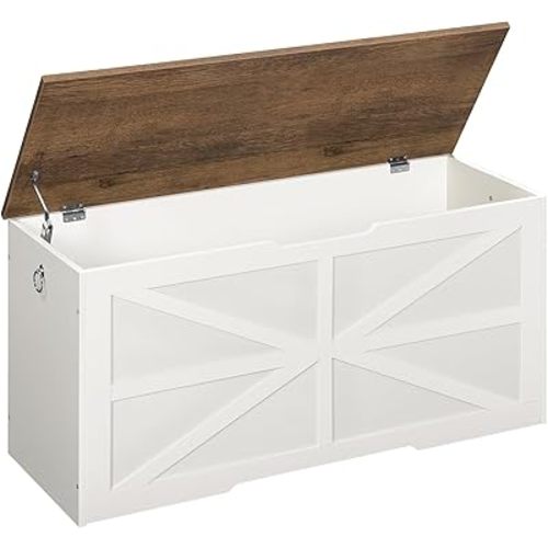 Storage Chest, 39.4" Wooden Storage Trunk, Modern Storage Bench with Safety Hinge, Toy Box, Farmhouse Style, for Bedroom, Living Room, Walnut and White MCW10WL