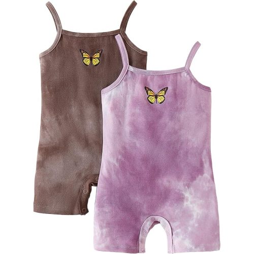 ROMPERINBOX Baby Girl Romper 2 Pack Sleeveless Spaghetti Strap Tie Dye Infant Jumpsuit Butterfly Summer Clothes 0-24 Months