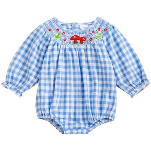 Infant Girls Smocked Mushroom Romper Long Sleeve Embroidery Flower Gingham Bodysuit Tops Newborn Baby Fall Clothes