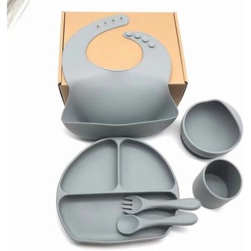 Panda Silicone BPA free bibs for babies, spoons, forks, cups, suction bowls, and baby divided plates for children are among the baby led weaning products. (Grey/Blue)