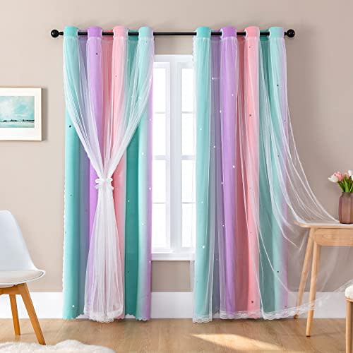 XiDi Curtains for Nursery Girls Bedroom Decor 84 Inches Long, Full Blackout for Kids Princess Room, Colorful Rainbow Design, Unicorn Wall Decor Ombre Curtains, Pink/Purple/Green, W34 X L84 2 Panels