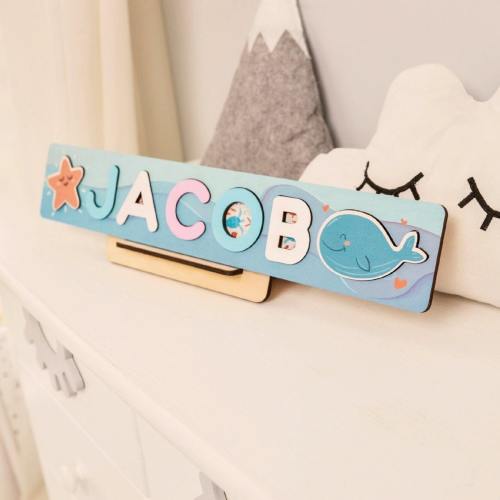 Nautical Personalized Baby Name Puzzle, Whale Baby Puzzle, Ocean Baby Shower, Name Learning Toy, Montessori Activity, First Birthday Gift