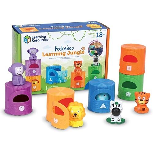 Learning Resources Peekaboo Learning Jungle Toddler - 10 Pieces, Ages 18 Months + , Toddler Montessori Toys, Stacking Shape, Sorting and Matching Skill, Educational Games