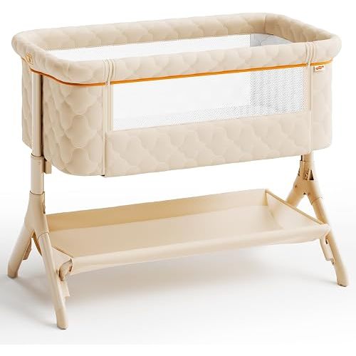 Pamo babe Bedside Bassinet for Baby, 3-in-1 Foldable Travel Bassinet with Wheels, Portable Baby Bassinet Adjustable Height, Storage Bag, Baby Bedside Sleeper Ideal Gift for Newborn Parents (Beige)