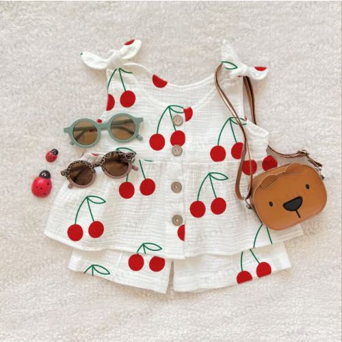 Baby Girl Cherry Print Suspenders 2-piece Set