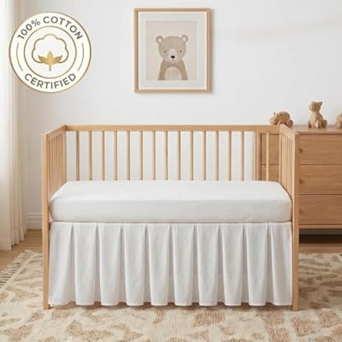 Baby Crib Skirt 100% Cotton Pleated Dust Ruffle for Unisex Baby Boys or Girls Soft Breathable Nursery Crib Toddler Standard Bedding Skirt 28" x 52" with 14" Drop (White)