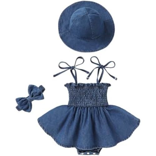 Happy Town Baby Girl Clothes Toddler Summer Sleeveless Romper Dress with Headband and Hat Cute Infant Jumpsuit Outfits