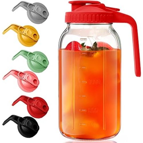 Glass Mason Jar Pitcher - 64 oz/2 Quart Wide Mouth Jug with Lid and Pour Spout, Airtight Seal, Leak Proof Iced Tea Pitcher for Sun Tea, Juice, Breast Milk, Cold Beverages, Coffe