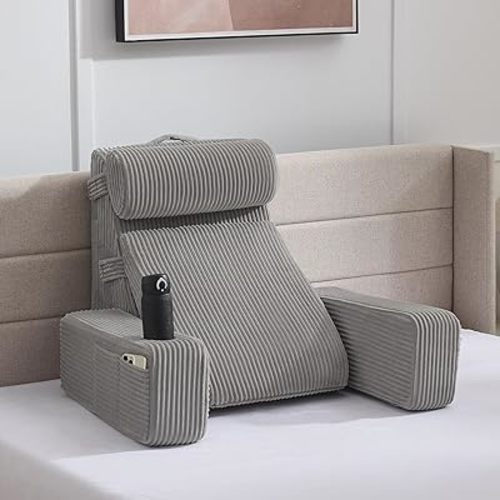 Reading Pillow for Sitting in Bed Adult, Back Pillow for Bed Sitting up with Arms, Pockets and Cup Holder, Sit Up Backrest Pillows for Beds Chair Support, Rest Pillow for Gaming