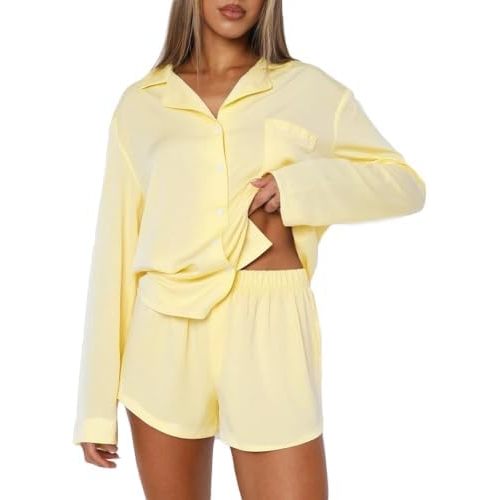 Women 2 Piece Pajamas Set Button up Long Sleeve Shirt and Shorts Lounge Set