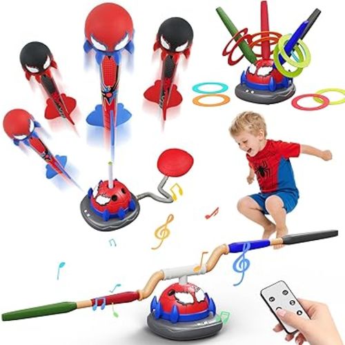 Spider 3-in-1 Rocket Launcher for Kids: 4 Cool Spider Rockets, Ring Toss Game, Musical Jump Toys with Remote Control, Outside Yard Indoor Outdoor Sports Toys for Boys Girls 3 4 5 6 7 8 9 10 Year Old