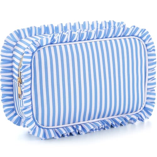 Kigeli Ruffle Makeup Bag Preppy Makeup Pouch Large Travel Cosmetic Bag Nylon Waterproof Toiletry Make up Organizer for Women(Striped,Blue,8.6 Inch)
