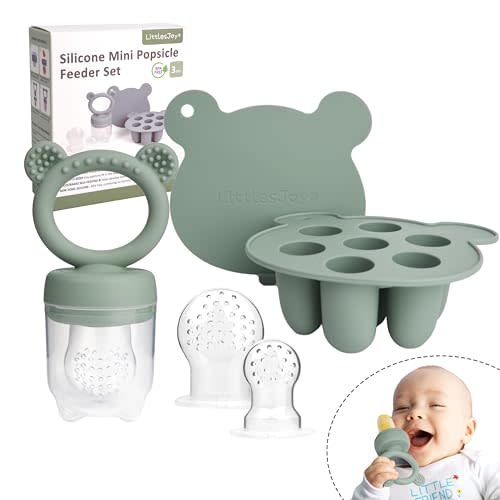LittlesJoy Silicone Baby Fruit Feeder & Freezer Tray Set, Breast Milk Popsicle Mold, BPA Free for 3+ Months, Includes Silicone Pouches (Sage)