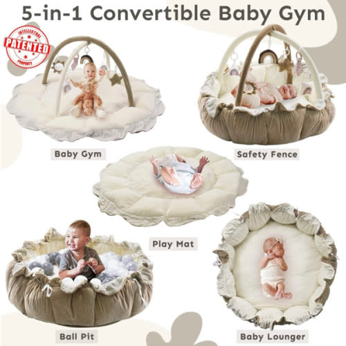 5-in-1 Baby Play Gym, Baby Play Mats for Floor, Tummy Time Mat with 6 Toys, Convertible Stage-Based Developmental from Baby to Toddler, Thick & Plush