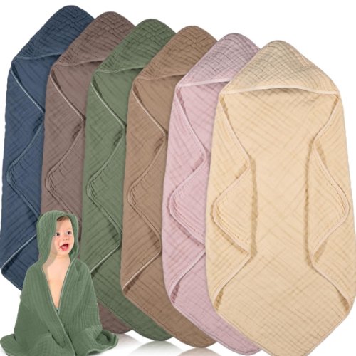 Peryiter 6 Pcs Muslin Hooded Baby Towels, 32"x 32" Cotton Newborn Bath Towel Muslin Infant Baby Blankets Absorbent Unisex Newborn Registry Gift Essentials for Girls Boys (Brown)