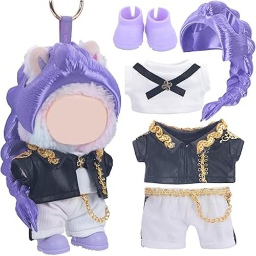 Use for Labubu Outfits KPDH Clothes and Accessories Set Designer,17cm Doll Kpop Clothes Outfits 3D Printed Purple Wigs Compatible with Labubu Doll