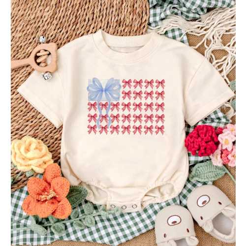 Patriotic Bow Flag Baby Romper, Coquette 4th of July Outfit, Red White Blue Baby Bodysuit
