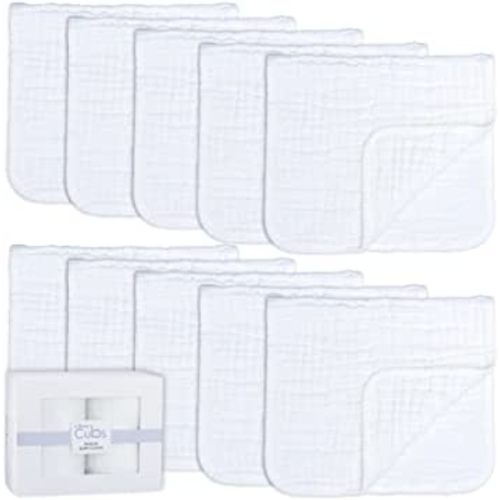 Muslin Burp Cloths Large 100% Cotton Hand Washcloths 6 Layers Extra Absorbent and Soft by Comfy Cubs (White, 10-Pack, 20" X10" )