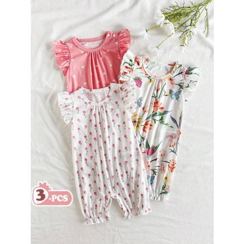 SHEIN Vintaside Kids Baby Girl 3-Piece Insect Print Romper Set, Includes Ruffled Cap Sleeve, Gathered Hem Shorts, Comfortable Casual Outfit For Summer | SHEIN USA