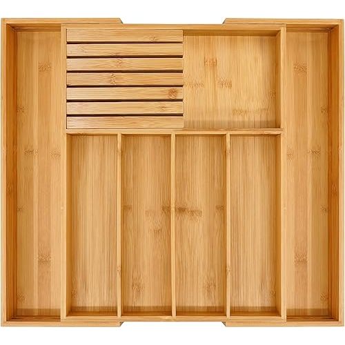 VaeFae Bamboo Silverware Drawer Organizer Kitchen, Expandable Utensil Organizer with Knife Block, Cutlery Tray with Divider, Multifunctional Wooden Drawer Organizer