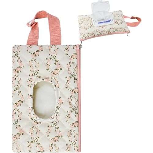 Portable Quilted Baby Wipe Holder, Floral Wipes Pouch for Stroller, Diaper Bag and Travel