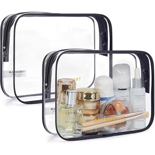 BAGSMART Clear Toiletry Bag, 2 Pack TSA Approved Travel Toiletry Bag Carry on Travel Accessories Bag Airport Airline Quart Size Bags Water Repellent Makeup Cosmetic Bag for Women (Black-2pcs)