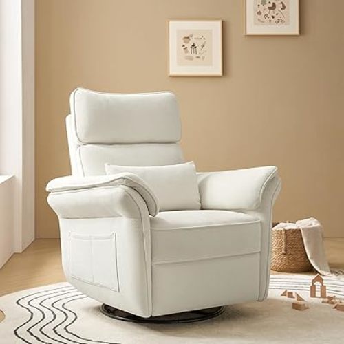 Modern Power Swivel Rocker Recliner Chair with USB Port and Storage Bags, Nursery Glider Recliner with Adjustable Headrest and Armrests, , GREENGARD, FSC, CertiPUR-US® Certified, White
