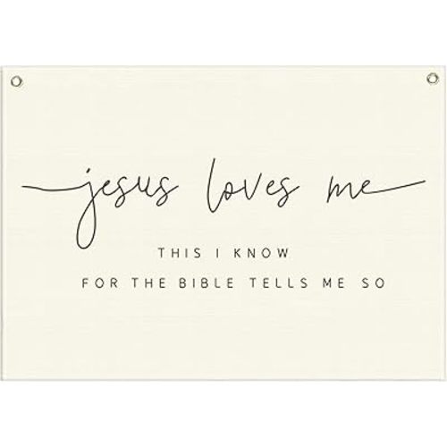 Jesus Loves Me Christian Bible Verse Scripture Nursery Canvas Banner-Rectangular Flag Sign for Baby Boy Girl Kids,Bedroom Playroom Decoration-Baby Shower Baptism Christmas Gift