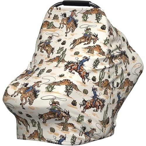 Western Cowboy Cactus Baby Stuff Car Seat Cover for Baby,Mom Nursing Breastfeeding Covers,Multi-Use Car Seat Canopy Carrier Cover,Stroller Cover Newborn Shower Gift for Boys Girls