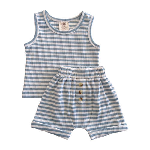 Dusty Blue Stripe / Organic Ribbed Tank & Short Set